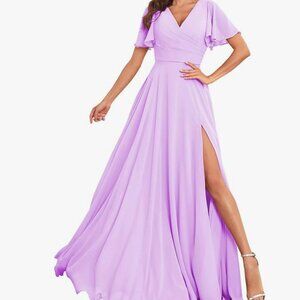 Short Sleeve Bridesmaid Dress Long A line Chiffon Evening Gown in LILAC color
